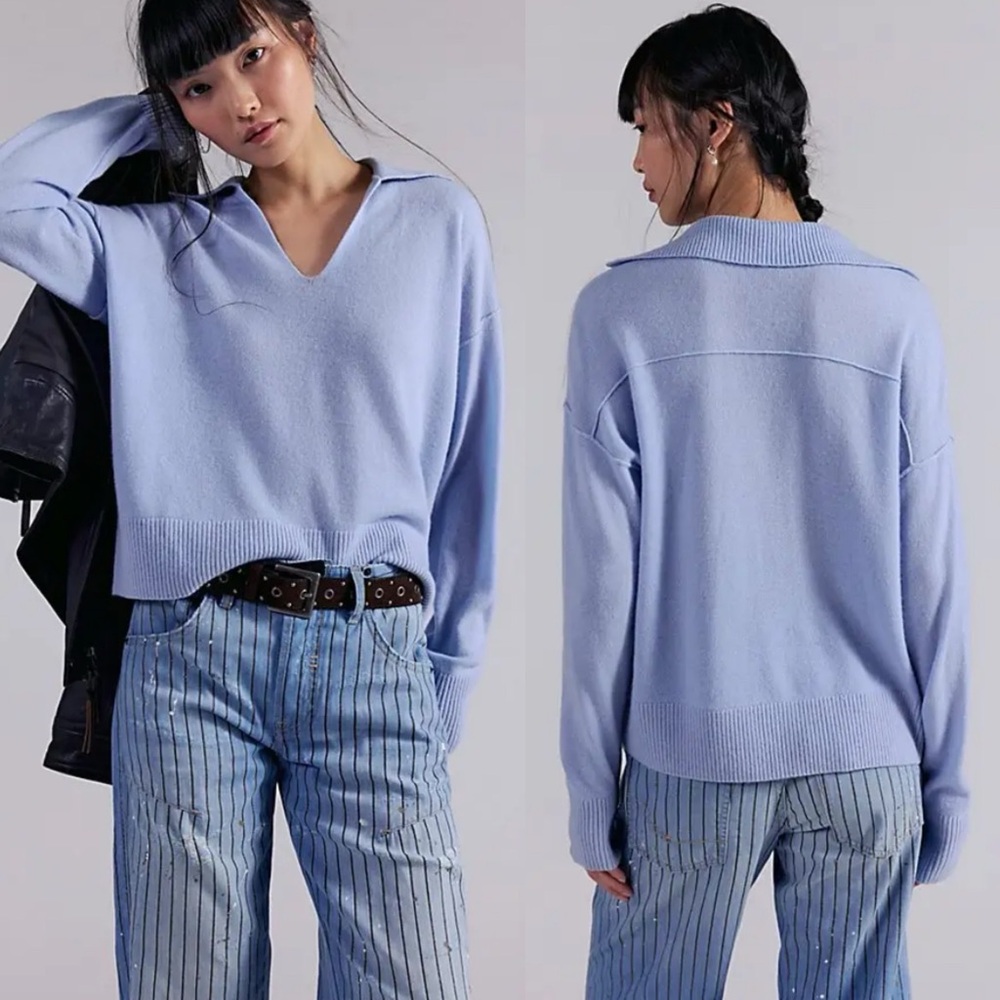 NWT Free People Eloura Cashmere Henley Sweater Arctic Blue